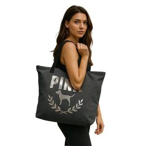 PINK Victoria's Secret Tote Bag Gym Travel Heather Gray Silver Dog Logo 2021 New